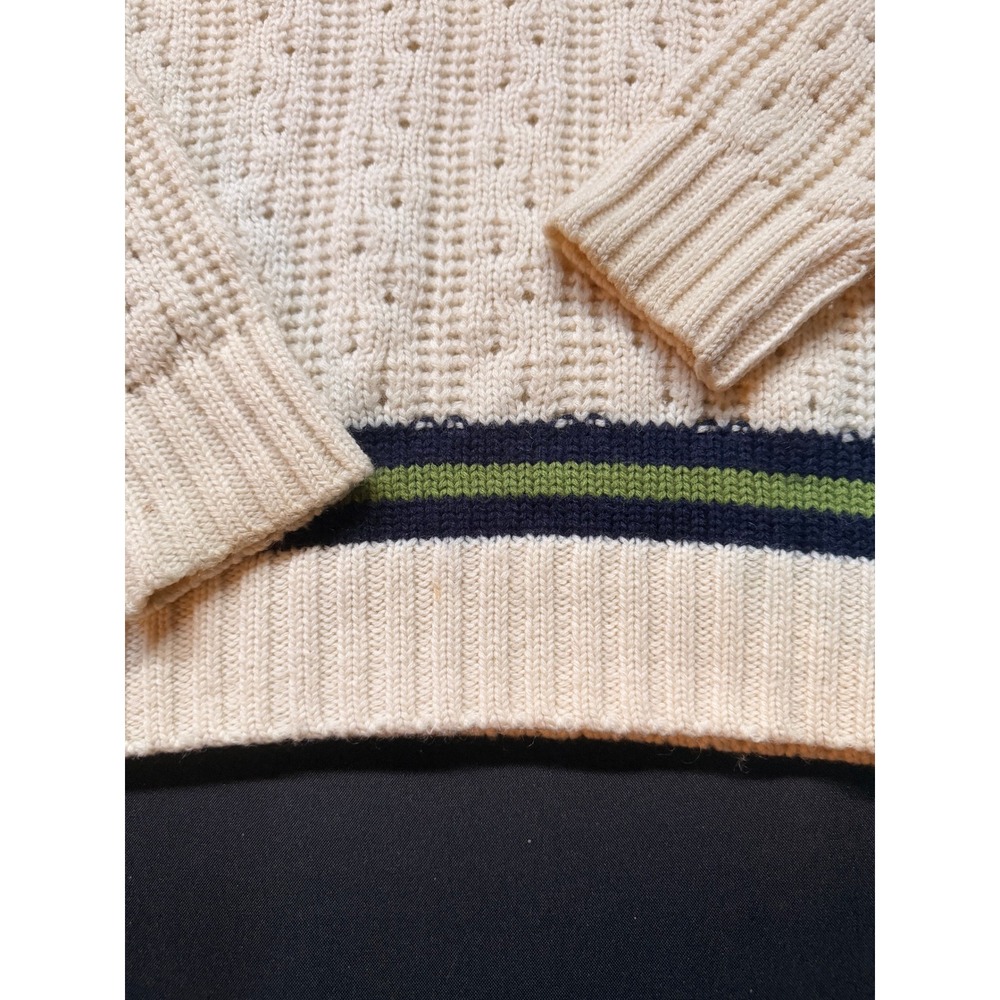 LOGG H&M Mens Wool Blend V-Neck Varsity Stripe Cable Knit Sweater Cream M Preppy - Picture 6 of 12